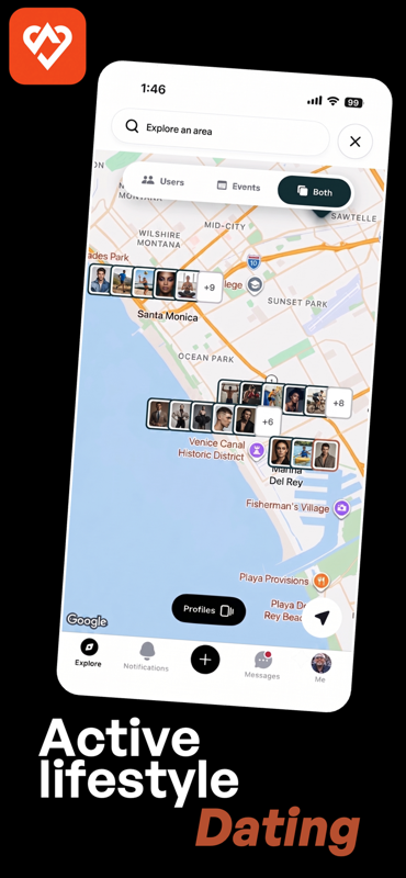 Active lifestyle dating. Pace map of Santa Monica and Venice with people and events nearby