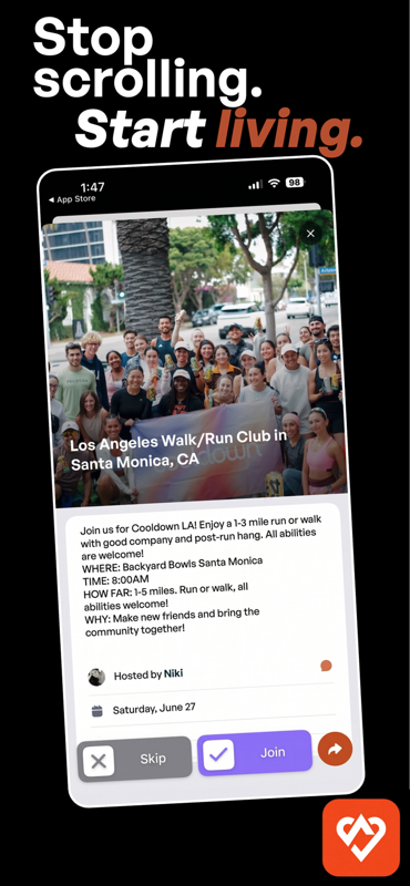 Stop scrolling. Start living. Pace event card for Los Angeles Walk/Run Club in Santa Monica
